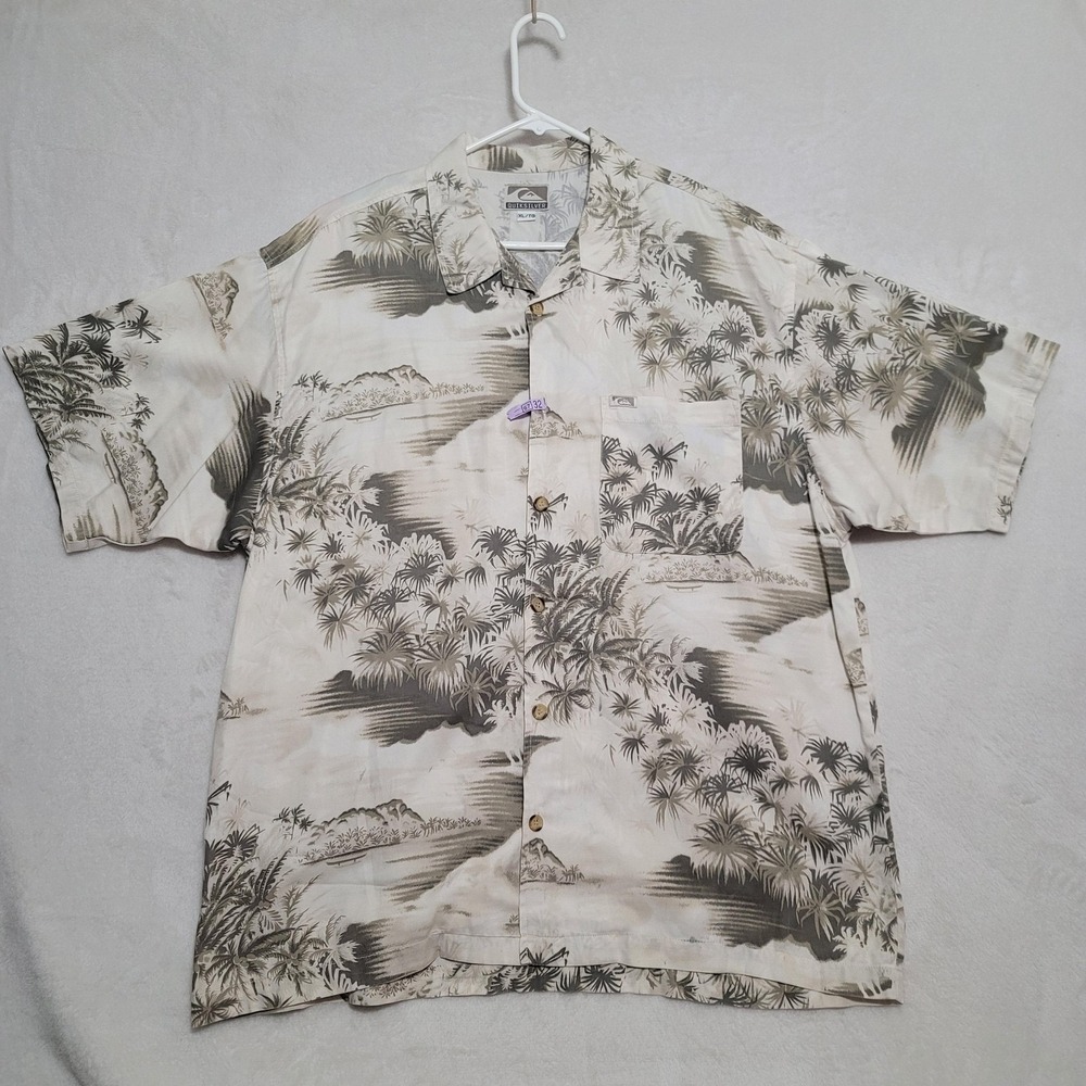 Quiksilver Shirt Mens Extra Large Beige Tan Palm Tree Hawaiian Button Up Aloha